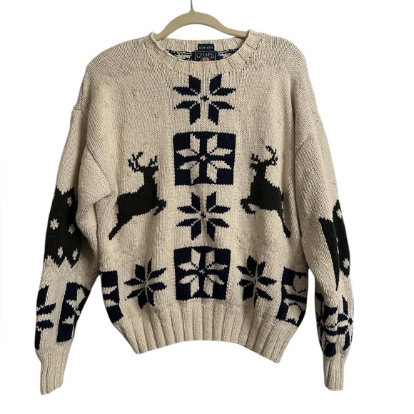 Vintage Chaps Ralph Lauren Hand-Knit Fair Isle Reindeer Sweater M Linen Cotton - Picture 1 of 8